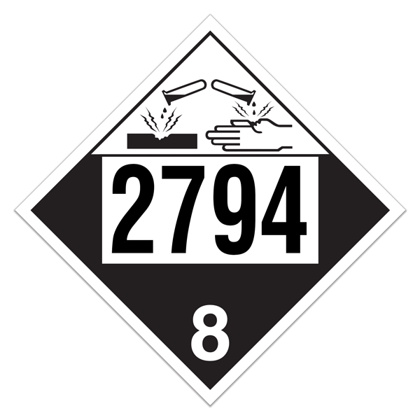 Class 8 CORROSIVE DOT Worded Hazmat UN 2794 Pre-numbered 4-digit Placards (100 /pkg) 