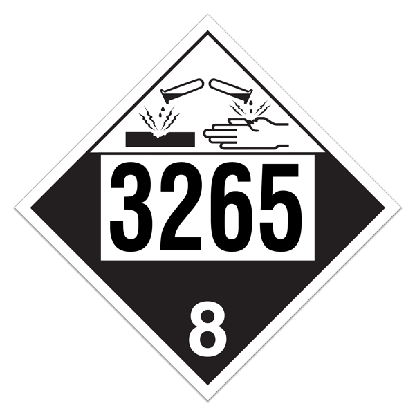Class 8 CORROSIVE DOT Worded Hazmat UN 3265 Pre-numbered 4-digit Placards (100 /pkg) 