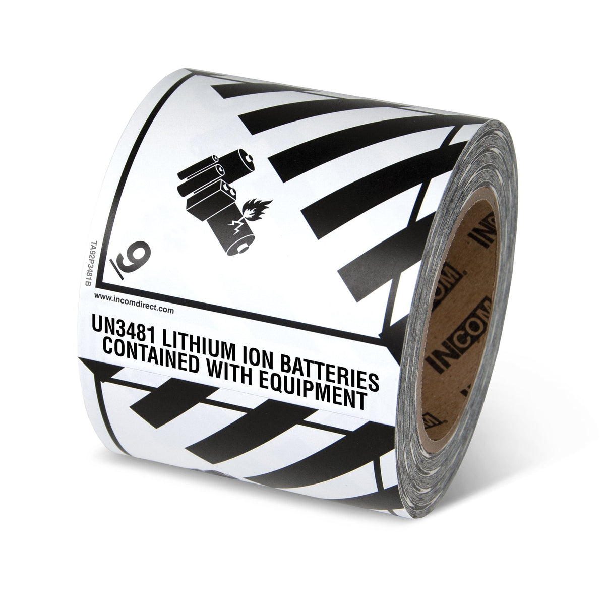 TA92P3481B Class 9 UN3481 MISCELLANEOUS PRODUCTS LITHIUM ION BATTERIES CONTAINED WITH EQUIPMENT Hazmat Hazardous Material DOT Worded Preprinted Tabbed Shipping Labels (4 in x 4.75 in) 500 /roll
