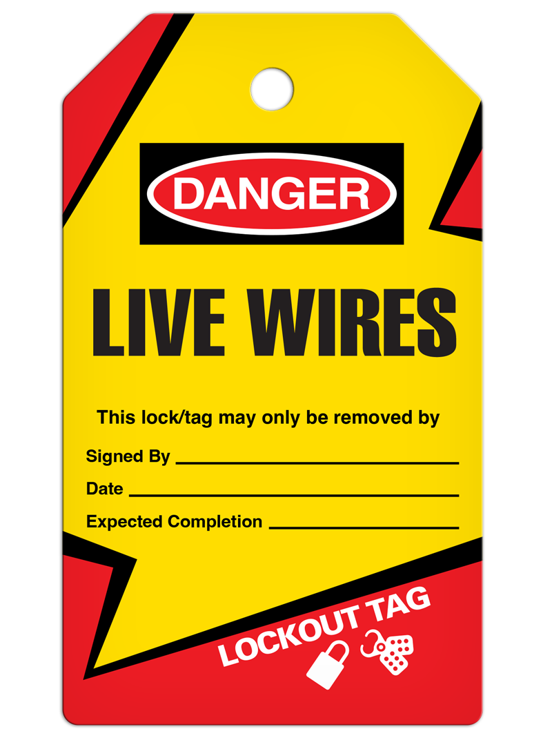 LOCKOUT LIVE WIRES DuraPly™ Tag (25/pkg) - FRONT