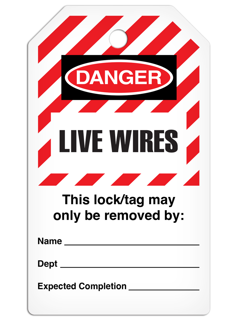 LOCKOUT LIVE WIRES DuraPly™ Tag (25/pkg) - FRONT