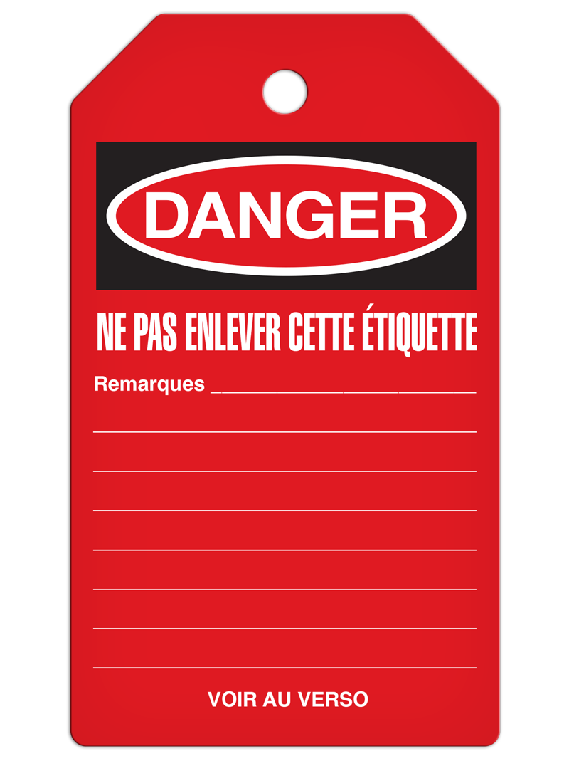 Red DANGER DÉFENSE D'ACTIONNER French DuraPly™ Tag (25/pkg) - BACK