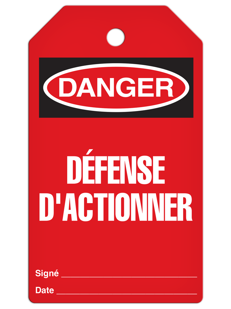 Red DANGER DÉFENSE D'ACTIONNER French DuraPly™ Tag (25/pkg) - FRONT