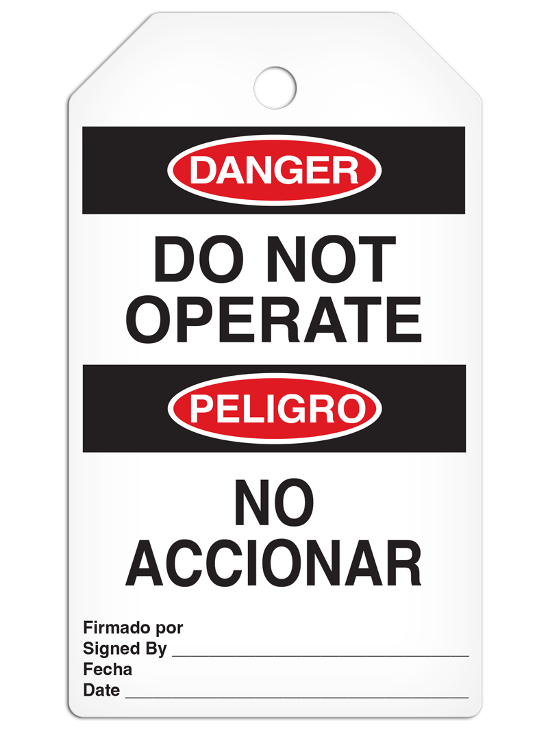 DANGER DO NOT OPERATE English/Spanish Bilingual DuraPly™ Tag (25/pkg) - FRONT