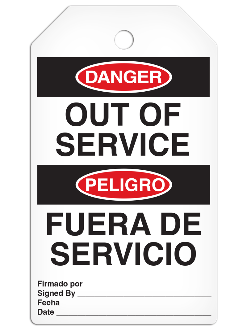 DANGER OUT OF SERVICE English/Spanish Bilingual DuraPly™ Tag (25/pkg) - FRONT