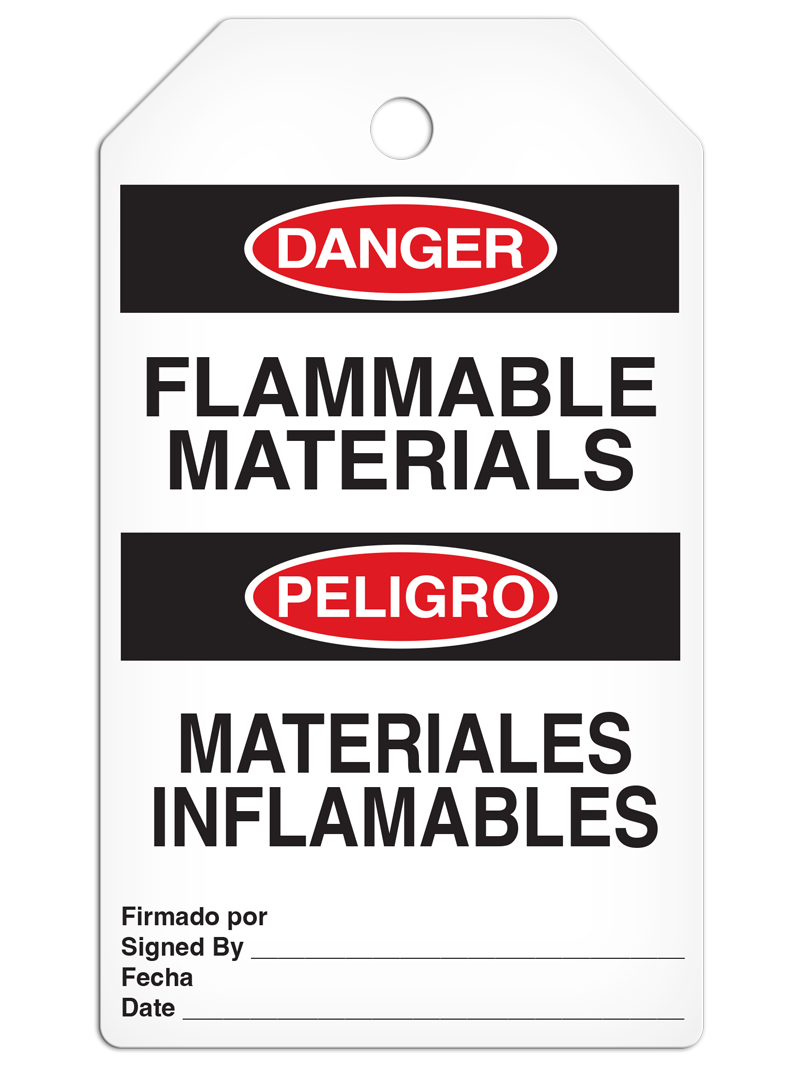 DANGER FLAMMABLE MATERIALS English/Spanish Bilingual DuraPly™ Tag (25/pkg) - FRONT