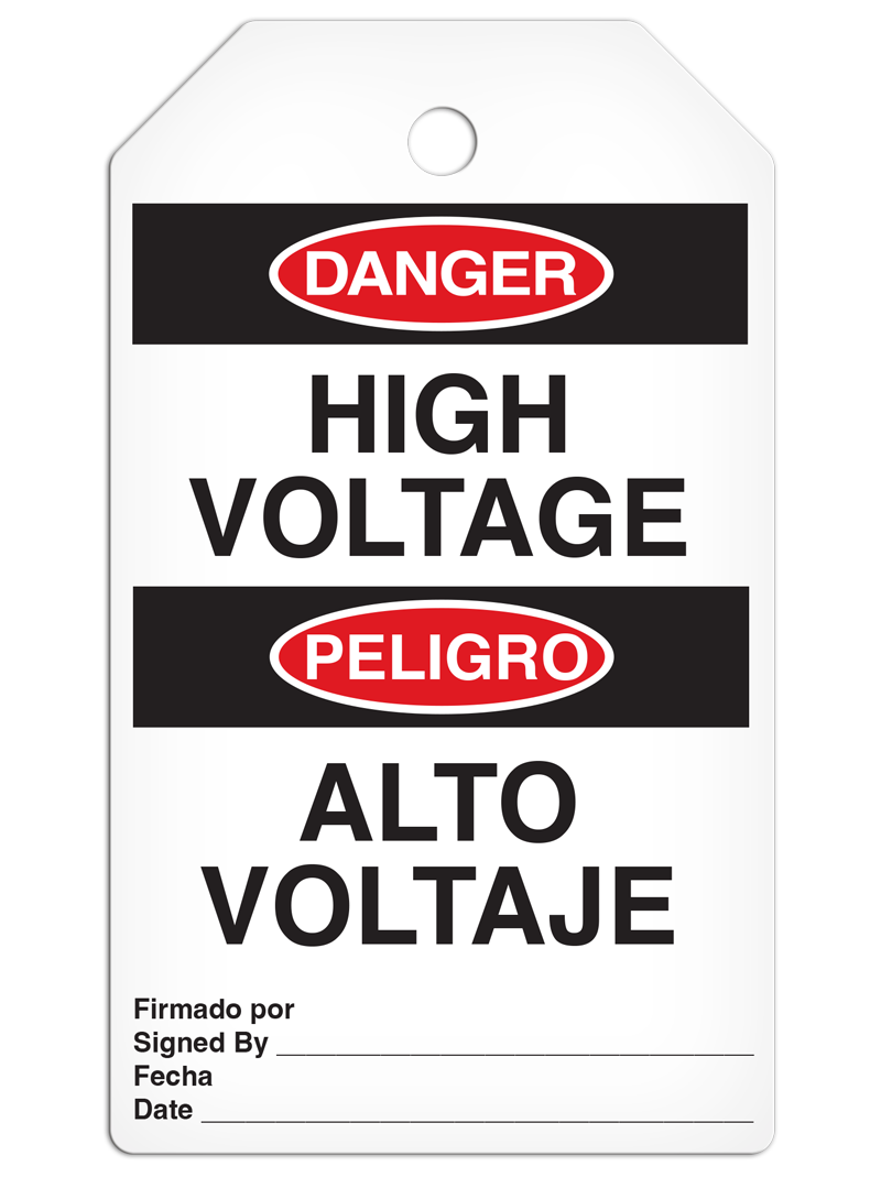 DANGER HIGH VOLTAGE English/Spanish Bilingual DuraPly™ Tag (25/pkg) - FRONT