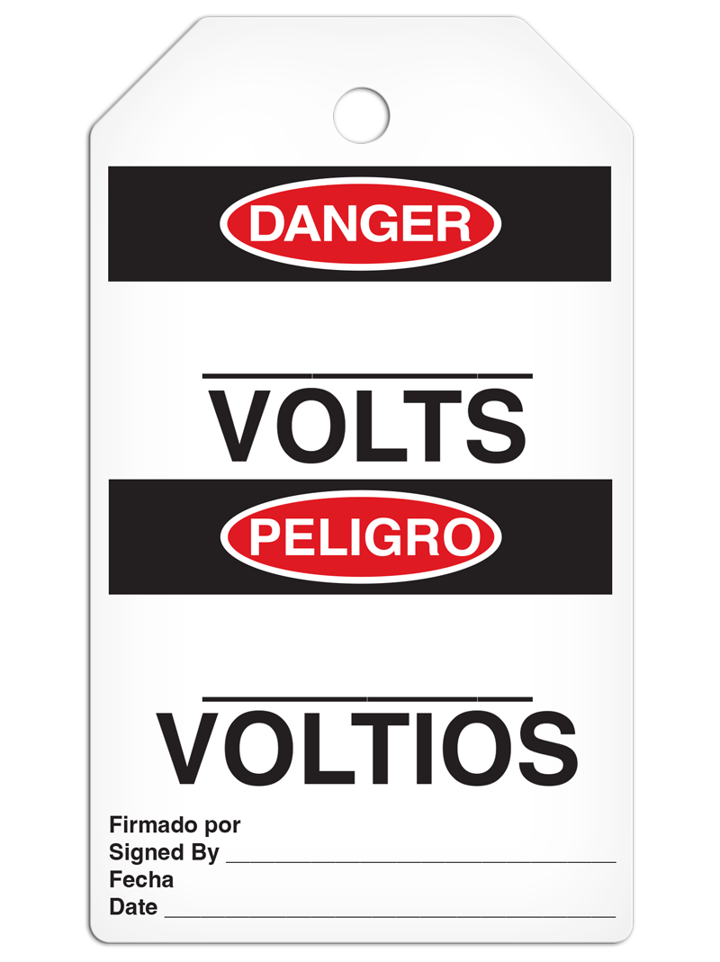 DANGER __ VOLTS English/Spanish Bilingual DuraPly™ Tag (25/pkg) - FRONT