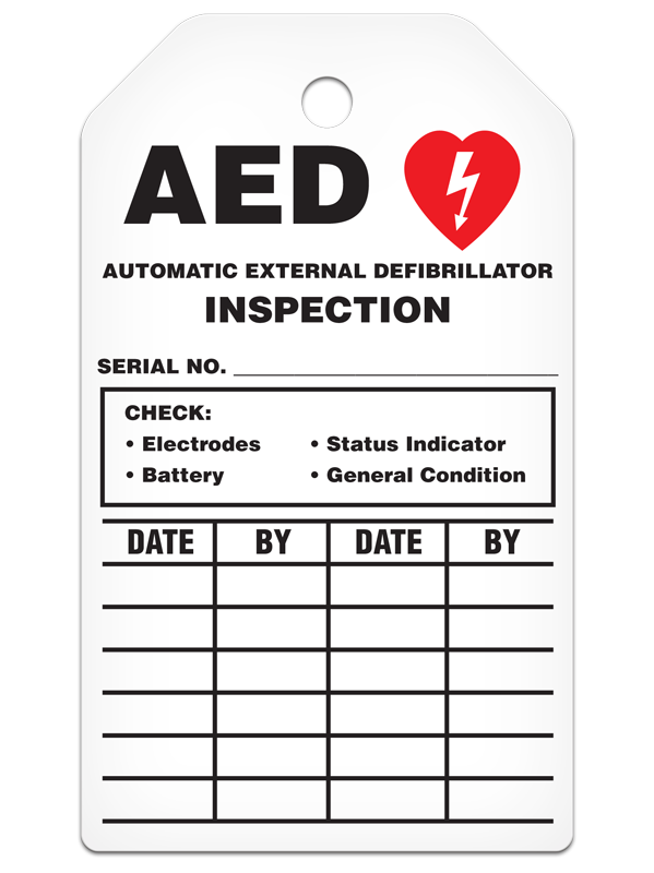 AED AUTOMATIC EXTERNAL DEFIBRILLATOR INSPECTION  DuraPly™ Safety Tag (25/pkg) - FRONT