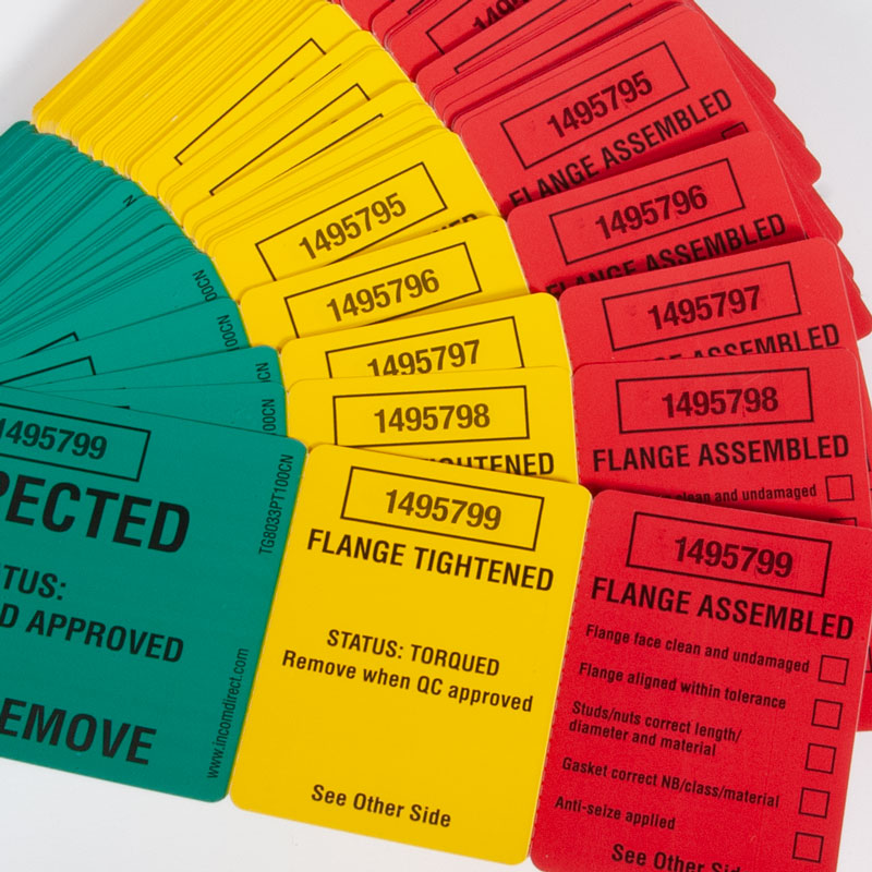 TG8033PT100CN 3-Part Perforated FLANGE TORQUE INSPECTION DuraPly™ Tag with Individual Conescutive Numbering (2.75 in x 7.9 in) 100 /pkg - spread of tags showing consecutive numbering