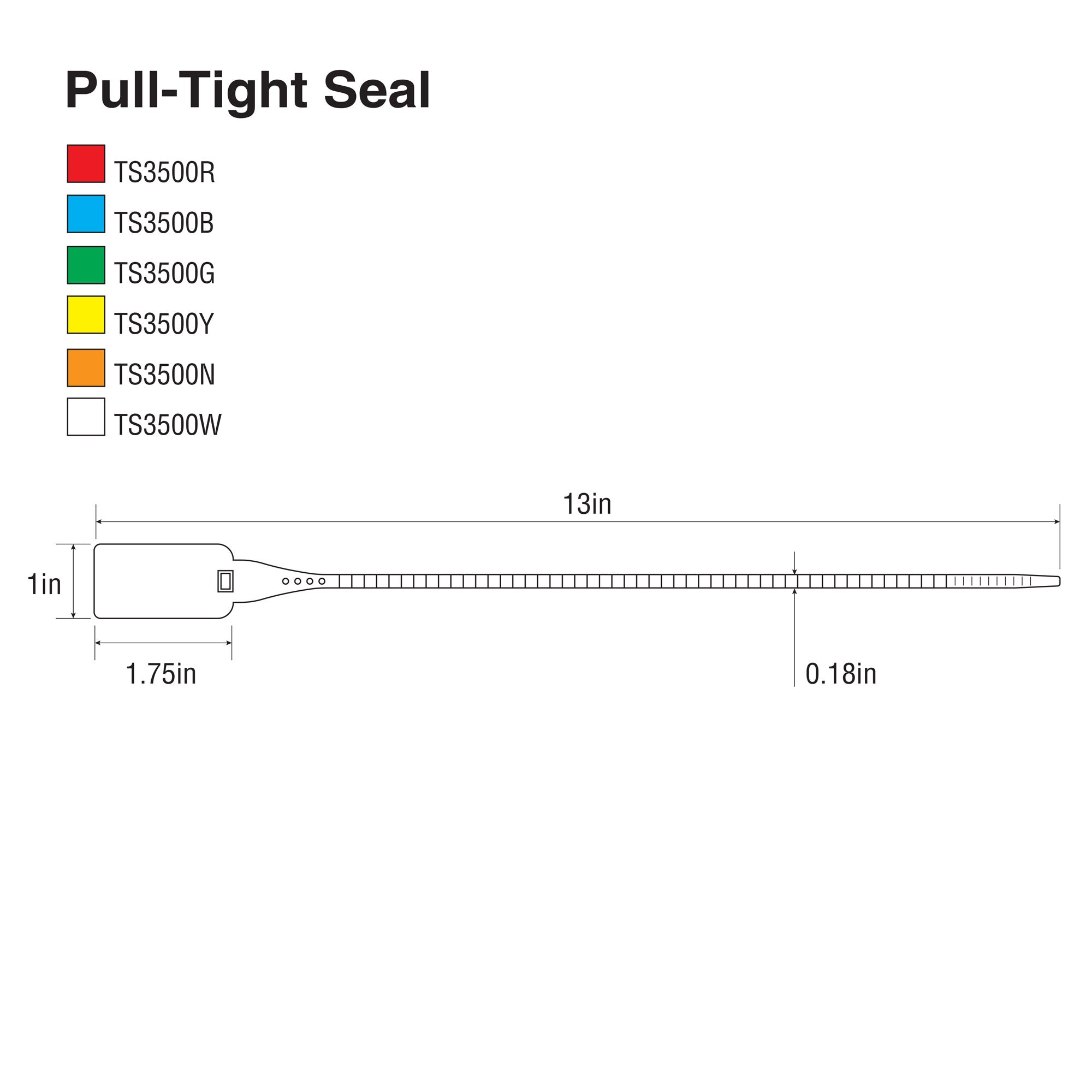 TS3500-series Tamper Evident Plastic Pull Tight Security Seals (1,000 /case) line drawing with dimensions