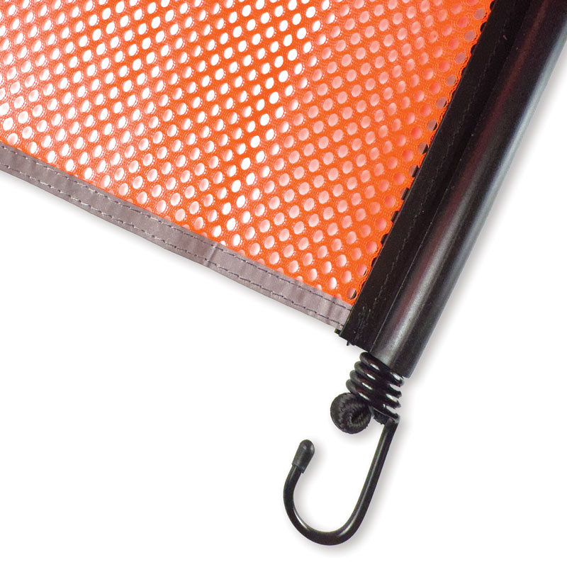 TS8330OR Heavy Haul Blaze Orange Polyester Jersey Transport Flags with Lime Reflective "X" Mounted on Bungee Cord with Hooks (18 in x 18 in) close up of bungee cord