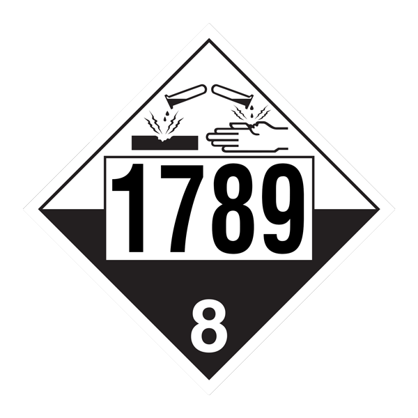 Class 8 CORROSIVE International TDG Dangerous Goods UN 1789 Pre-numbered 4-digit Placards (100 /pkg) 