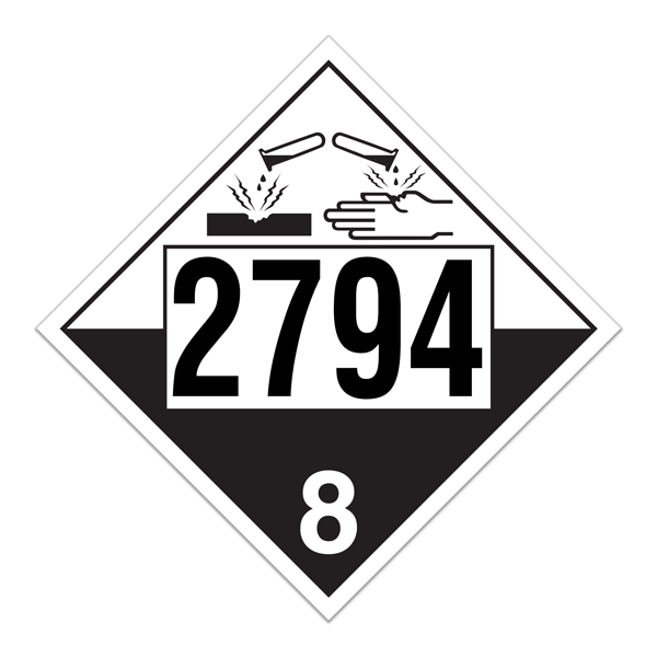 Class 8 CORROSIVE International TDG Dangerous Goods UN 2794 Pre-numbered 4-digit Placards (100 /pkg) 
