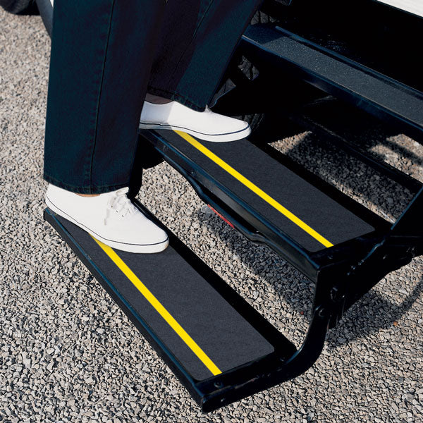 Gator Grip® Advanced Premium Specialty Anti-Slip Grip Pre-Cut Shapes with HIGH-VIZ Yellow Strip 6 in x 24 in (10 /pkg) 60-grit Traction Tape Cleats applied to rv stairs