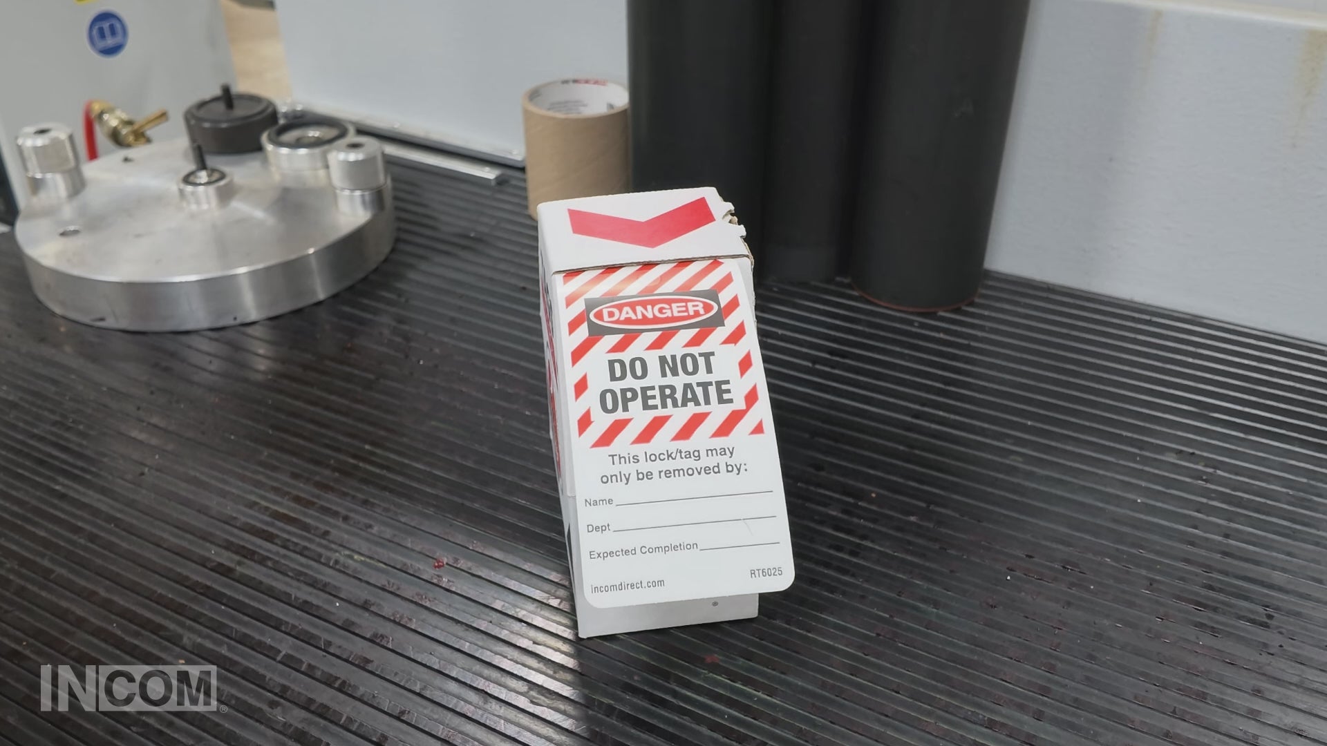 Video demonstrating INCOM DuraPly® Safety Tags-on-a-Roll dispenser system with easy-tear perforated safety tags.